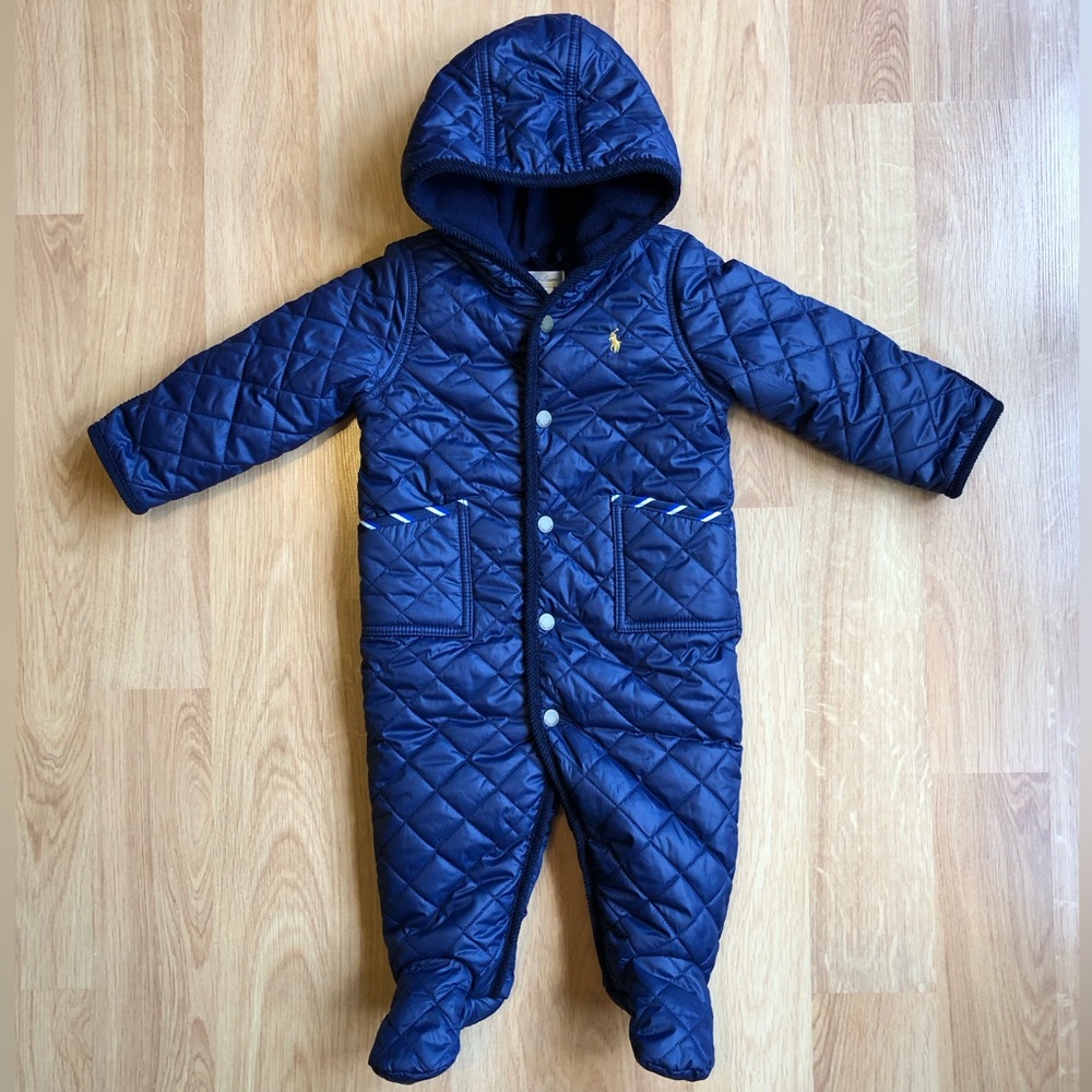 ‼️NWOT Ralph Lauren Baby Boy Snowsuit, Quilted Pram-Navy + Striped Trim